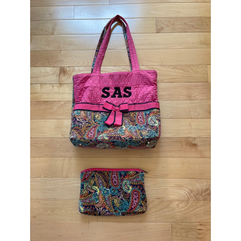 Belvah Pink Paisley Quilted Tote Bag and Pouch Set Monogram SAS Gingham Lining